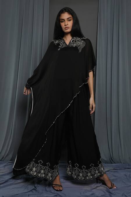 Shop_Krishna Mehta_Black Chanderi Embroidered Sequins Round Cape Tunic _at_Aza_Fashions