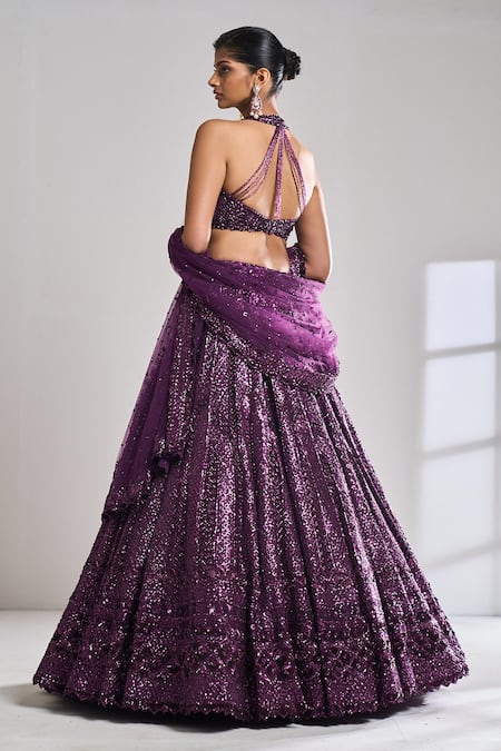 Seema Gujral Purple Net Sequins, Crystals, Beads V Neck Embroidered Bridal Lehenga Set Online at Aza Fashions Seema Gujral_Purple Net Sequins, Crystals, Beads V Neck Embroidered Bridal Lehenga Set _Online_at_Aza_Fashions