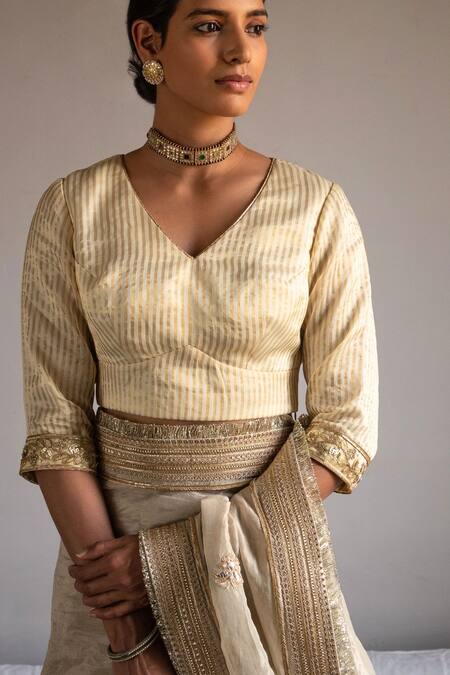 Shorshe Clothing Ivory Chanderi Silk, Tissue Embroidery V-neck Stripe Pattern Blouse Online at Aza Fashions Shorshe Clothing_Ivory Chanderi Silk, Tissue Embroidery V-neck Stripe Pattern Blouse _Online_at_Aza_Fashions