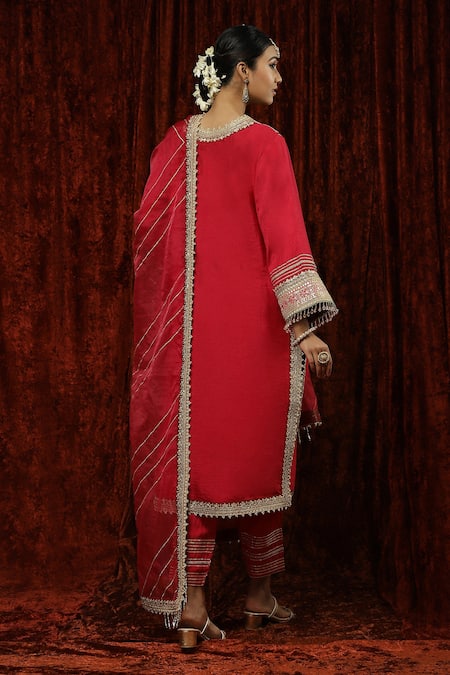 Shop Shikhar Sharma Red Silk Chanderi Embroidered Pearl V Neck Kurta Pant Set at Aza Fashions Shop_Shikhar Sharma_Red Silk Chanderi Embroidered Pearl V Neck Kurta Pant Set _at_Aza_Fashions