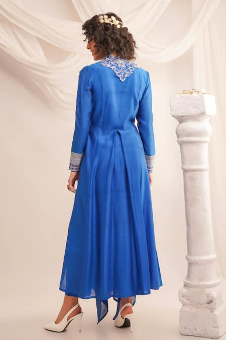 Shop Jajaabor Blue Cotton, Silk Tassels V-neck Applique Embroidered Angrakha And Pant Set at Aza Fashions Shop_Jajaabor_Blue Cotton, Silk Tassels V-neck Applique Embroidered Angrakha And Pant Set _at_Aza_Fashions