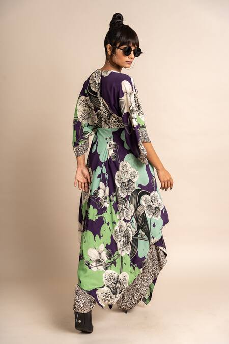 Shop_Nupur Kanoi_Purple Crepe V-neck Floral Print Kaftan And Draped Pant Set_at_Aza_Fashions