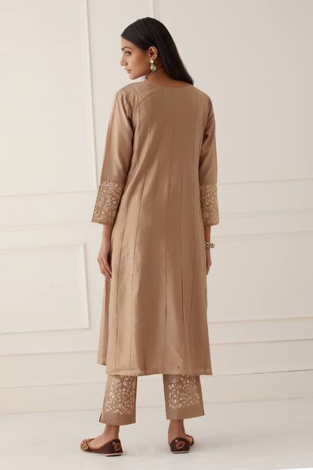 Kamaltaas Brown Silk, Embroidery Round Neck Hand Anarkali Pant Set Online at Aza Fashions Kamaltaas_Brown Silk, Embroidery Round Neck Hand Anarkali Pant Set_Online_at_Aza_Fashions