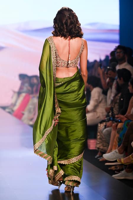 Shop_PUNIT BALANA_Green Organza Silk Embroidery Marodi Scoop Neck Work Saree With Blouse _at_Aza_Fashions