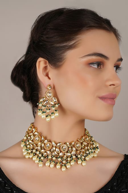 Chhavi's Jewels_Green Diamonds, Pearls Kundan And Embellished Choker Necklace Set _Online_at_Aza_Fashions