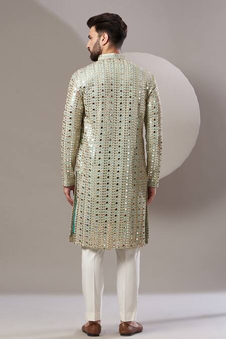Shop_Kasbah_Blue Georgette, Cotton Zari, Foil Printing Geometric Embroidered Kurta Set _at_Aza_Fashions