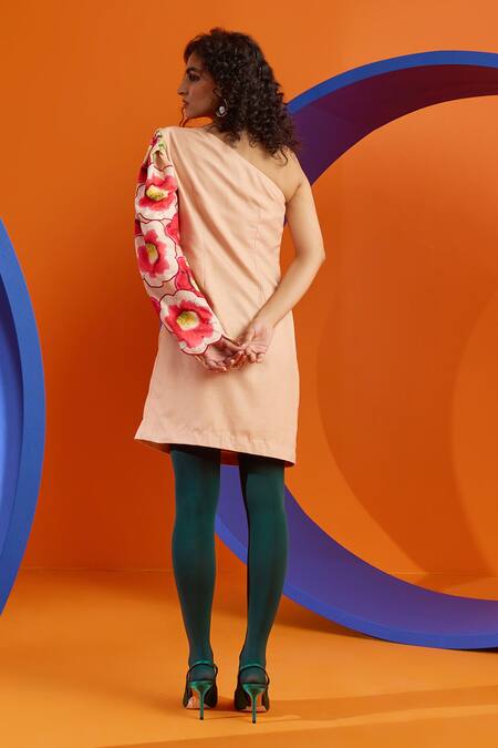 Shop The Dramebaaz CO Beige Cotton Fabric Flowers Asymmetric Be In Blossom Sleeve Printed Dress at Aza Fashions Shop_The Dramebaaz CO_Beige Cotton Fabric Flowers Asymmetric Be In Blossom Sleeve Printed Dress _at_Aza_Fashions