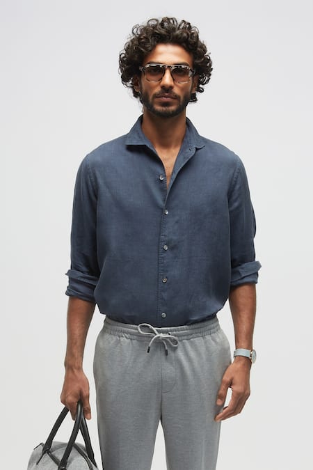 Shop Terra Luna Blue 100% Linen Spread Collared Solid Shirt at Aza Fashions Shop_Terra Luna_Blue 100% Linen Spread Collared Solid Shirt _at_Aza_Fashions