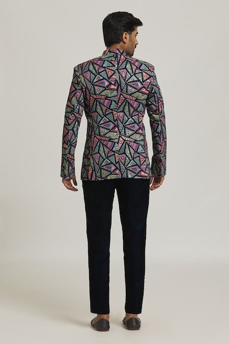 Shop_Nero By Shaifali And Satya_Multi Color Suede Multi-textured Jodhpuri Jacket And Pant Set _at_Aza_Fashions