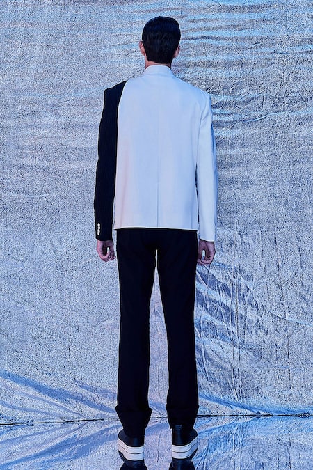 Shop Line Out Line Black Cotton Stripe Asymmetric Overlap Panelled Bandhgala With Pant at Aza Fashions Shop_Line Out Line_Black Cotton Stripe Asymmetric Overlap Panelled Bandhgala With Pant_at_Aza_Fashions