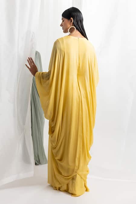 Seema Thukral_Yellow Chiffon Placement Hand Embroidery Pearls V Neck Cowl Kaftan _Online_at_Aza_Fashions