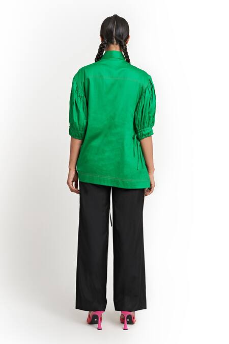 Shop Two Point Two Green Cotton Asymmetric Emiko Solid Collar Wrap Top at Aza Fashions Shop_Two Point Two_Green Cotton Asymmetric Emiko Solid Collar Wrap Top_at_Aza_Fashions