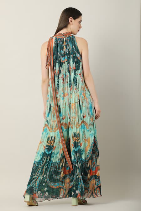 Limerick By Abirr N' Nanki Keya Peacock Print Pleated Jumpsuit 