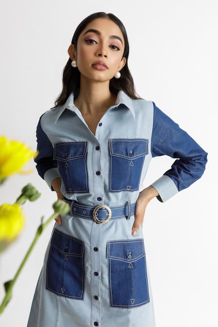 Shop Veera Wear Blue Denim Buckles Collared Color Block Dress With Belt at Aza Fashions Shop_Veera Wear_Blue Denim Buckles Collared Color Block Dress With Belt _at_Aza_Fashions