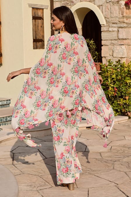 Shop_Palak & Mehak_Multi Color Crepe Tassels Round Neck Kai Printed High Low Top And Palazzo Set _at_Aza_Fashions