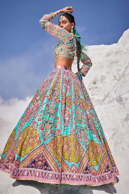 Shop The Royaleum Blue Silk, Crepe Sequins, Beads, Cut Hand Embroidered Blouse Bridal Lehenga Set at Aza Fashions Shop_The Royaleum_Blue Silk, Crepe Sequins, Beads, Cut Hand Embroidered Blouse Bridal Lehenga Set _at_Aza_Fashions