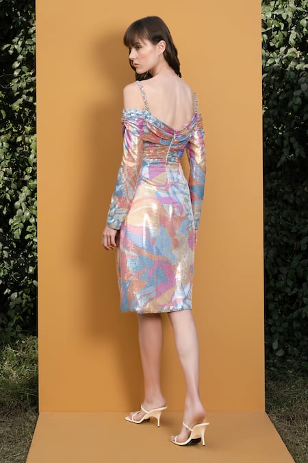 Mandira Wirk_Multi Color Georgette Pop Abstract And Sequin Draped Cold Shoulder Dress _Online_at_Aza_Fashions