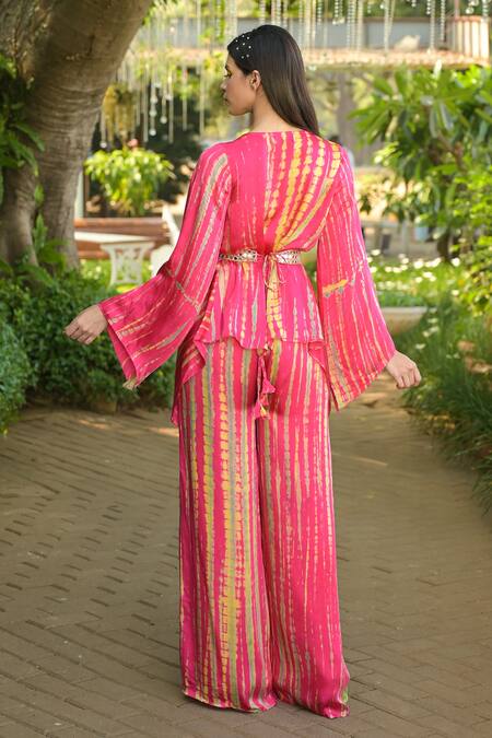 Shop Disha Kahai Pink Satin, Silk Mirrors, Embroidery Tie-dye Pattern Overlap Top And Palazzo Set at Aza Fashions Shop_Disha Kahai_Pink Satin, Silk Mirrors, Embroidery Tie-dye Pattern Overlap Top And Palazzo Set_at_Aza_Fashions