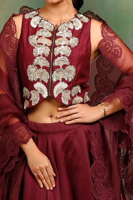 Shop Garo Wine Tussar, Silk, Muslin, Organza Embroidery V-neck Jacket And Skirt Set at Aza Fashions Shop_Garo_Wine Tussar, Silk, Muslin, Organza Embroidery V-neck Jacket And Skirt Set_at_Aza_Fashions
