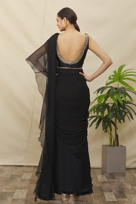 Shop Samyukta Singhania Black Georgette, Organza, Silk Mirrors Ruffle Pre-draped Saree With Blouse at Aza Fashions Shop_Samyukta Singhania_Black Georgette, Organza, Silk Mirrors Ruffle Pre-draped Saree With Blouse _at_Aza_Fashions