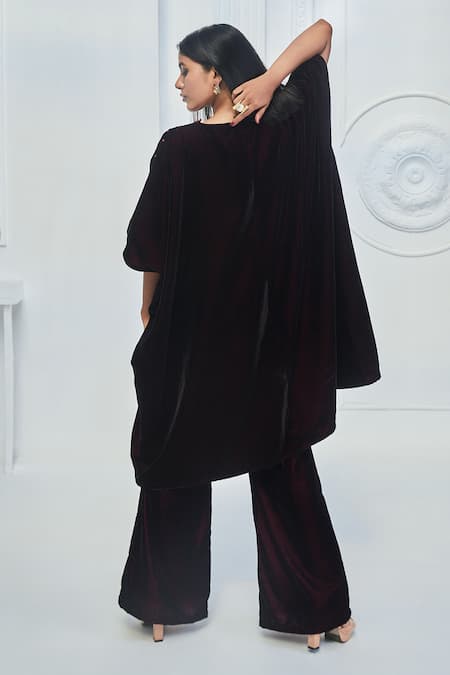 Monk & Mei By Sonia Anand Velvet Geometric Pattern Kaftan & Pant Set 