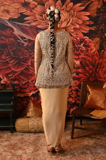 Shop Moledro Gold Brocade, Organza, Satin Embroidery, Sunehri Jacket Skirt Set at Aza Fashions Shop_Moledro_Gold Brocade, Organza, Satin Embroidery, Sunehri Jacket Skirt Set _at_Aza_Fashions