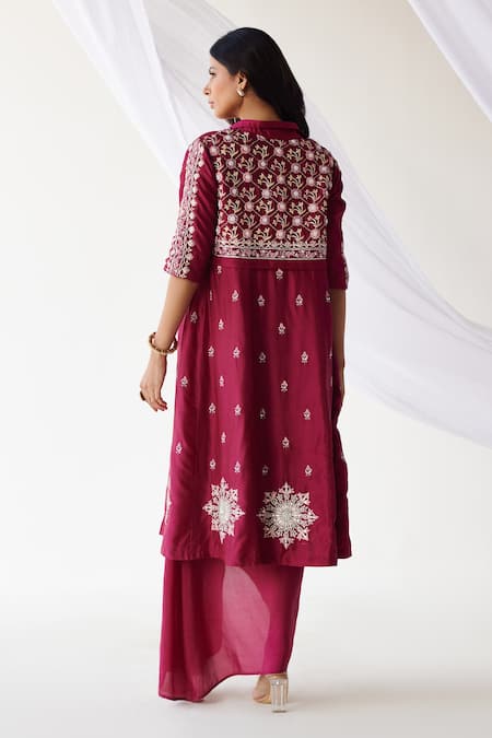 Shop_Koashee By Shubitaa_Magenta Silk Embroidered Zardozi Lapel Collar Jacket Skirt Set _at_Aza_Fashions