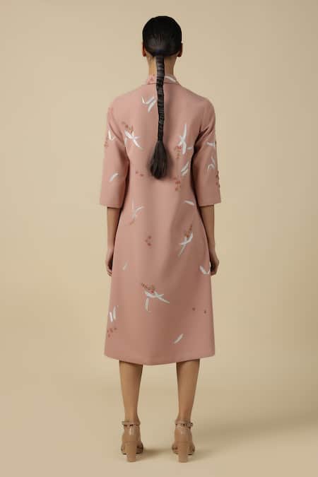 Shop Shahin Mannan Pink Crepe Embroidery Shawl Neck Eucalyptus Collar Dress at Aza Fashions Shop_Shahin Mannan_Pink Crepe Embroidery Shawl Neck Eucalyptus Collar Dress _at_Aza_Fashions