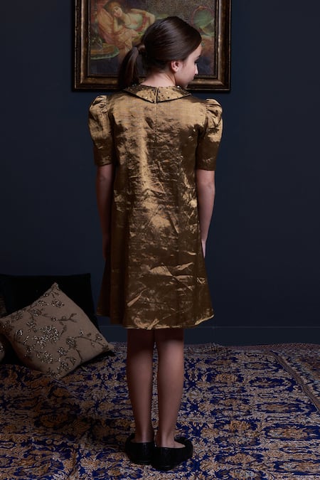 Shop Swati Golyan Gold Handloom Cotton, Lurex Sequins, Embroidered Collar Princess Seam Dress at Aza Fashions Shop_Swati Golyan_Gold Handloom Cotton, Lurex Sequins, Embroidered Collar Princess Seam Dress _at_Aza_Fashions