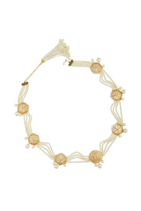 Kiara_Gold Pearls, Crystals, Stones Embellished Waist Belt_at_Aza_Fashions
