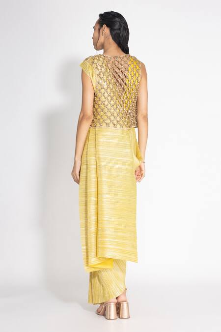 Shop 431-88 By Shweta Kapur Yellow Silk Crystals Round Neck Metallic Pre-draped Saree And Honeycomb Jacket Set at Aza Fashions Shop_431-88 By Shweta Kapur_Yellow Silk Crystals Round Neck Metallic Pre-draped Saree And Honeycomb Jacket Set_at_Aza_Fashions