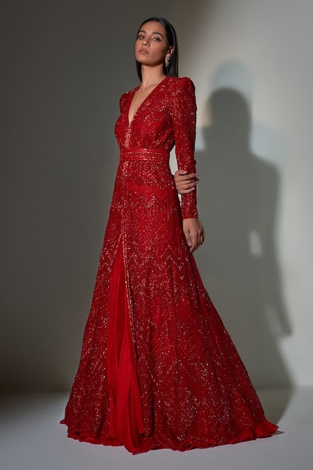 Shop Ritika Mirchandani Red Net, Crepe, Cupro Organza And Double Embroidered Anarkali & Lehenga Set at Aza Fashions Shop_Ritika Mirchandani_Red Net, Crepe, Cupro Organza And Double Embroidered Anarkali & Lehenga Set _at_Aza_Fashions