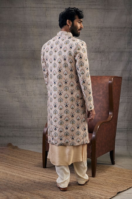 Shop_Soup By Sougat Paul_Beige Silk, Muslin Embroidery Sarouk Feather Motif Print Sherwani Set _at_Aza_Fashions