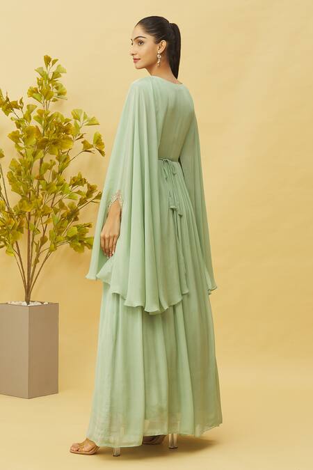 Shop Samyukta Singhania Green Chiffon Embroidery, Zari Round Neck Yoke Gown With Belt at Aza Fashions Shop_Samyukta Singhania_Green Chiffon Embroidery, Zari Round Neck Yoke Gown With Belt_at_Aza_Fashions