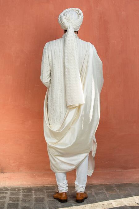 Shop_Nitika Gujral_Cream Sherwani Matka Silk Embroidered Resham And Dabka Set _at_Aza_Fashions