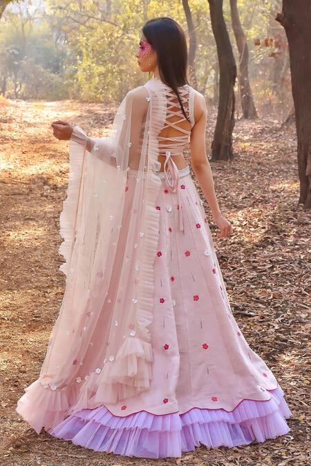 Shop Disha Kahai Pink Silk, Net Sequins, Embroidery Sweetheart Neck Blouse Lehenga Set at Aza Fashions Shop_Disha Kahai_Pink Silk, Net Sequins, Embroidery Sweetheart Neck Blouse Lehenga Set_at_Aza_Fashions