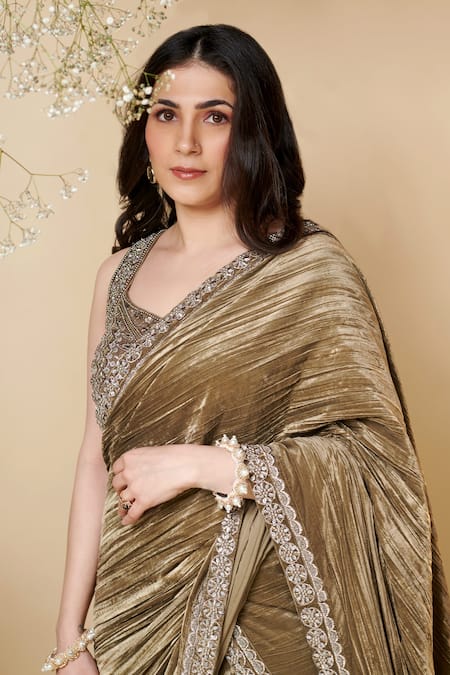 Shop Reeti Arneja Brown Velvet Sequins V-neck Myra Saree With Embroidered Blouse at Aza Fashions Shop_Reeti Arneja_Brown Velvet Sequins V-neck Myra Saree With Embroidered Blouse _at_Aza_Fashions