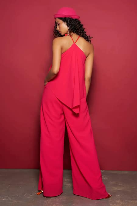 Shop_Style Junkiie_Fuchsia Modal Tassels Halter Neck Flared Jumpsuit _at_Aza_Fashions