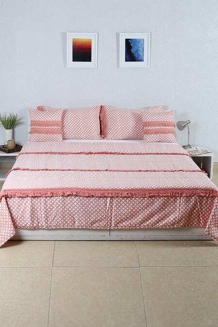 Shop House This Pink Cotton Printed Leheriya Bedcover Set at Aza Fashions Shop_House This_Pink Cotton Printed Leheriya Bedcover Set_at_Aza_Fashions