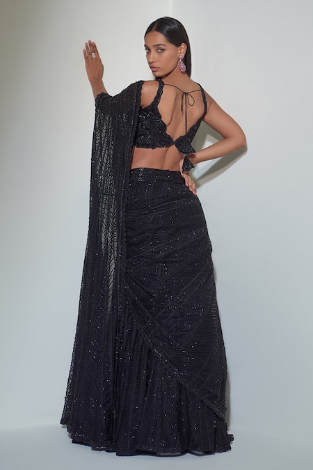 Shop_Ritika Mirchandani_Black Net, Crepe And Double Georgette Thread, Lehenga Saree With Strappy Bustier _at_Aza_Fashions