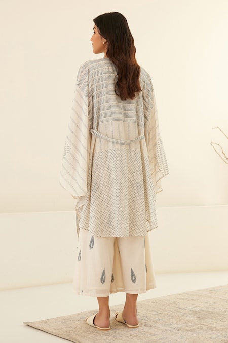 Shop Cotton And Clay White Chanderi, Modal Geometric Hand Block Print Kimono Top Trouser Set at Aza Fashions Shop_Cotton And Clay_White Chanderi, Modal Geometric Hand Block Print Kimono Top Trouser Set _at_Aza_Fashions