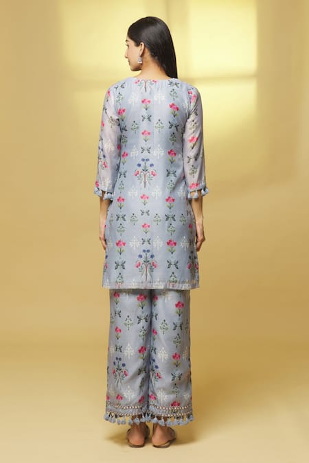 Shop Kalakaari By Sagarika Grey Chanderi Tassels, Mirrors Split V-neck Flower Bloom Print Kurta With Pant at Aza Fashions Shop_Kalakaari By Sagarika_Grey Chanderi Tassels, Mirrors Split V-neck Flower Bloom Print Kurta With Pant _at_Aza_Fashions