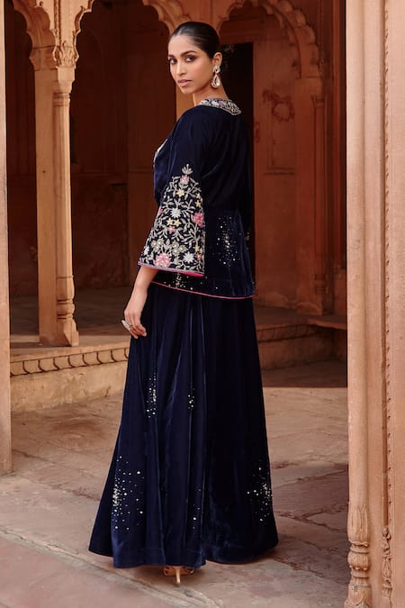 Shop Ajiesh Oberoi Blue Velvet Sequins, Beads Round Neck Embroidered Jacket And Sharara Set at Aza Fashions Shop_Ajiesh Oberoi_Blue Velvet Sequins, Beads Round Neck Embroidered Jacket And Sharara Set _at_Aza_Fashions
