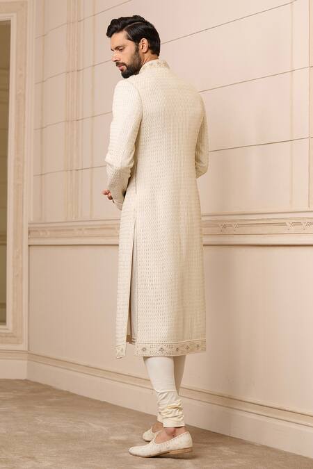 Shop Tarun Tahiliani Ivory Cotton, Silk, Poplin, Kota Doria Embroidery Texture Sherwani Set at Aza Fashions Shop_Tarun Tahiliani_Ivory Cotton, Silk, Poplin, Kota Doria Embroidery Texture Sherwani Set_at_Aza_Fashions