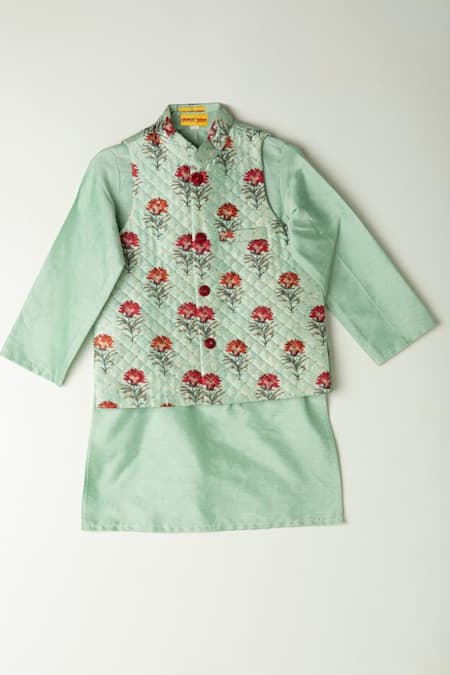 Shop_Shruti Jalan_Green Kota Doria, Cotton Embroidery Floral Printed Quilted Bundi And Kurta Set _at_Aza_Fashions