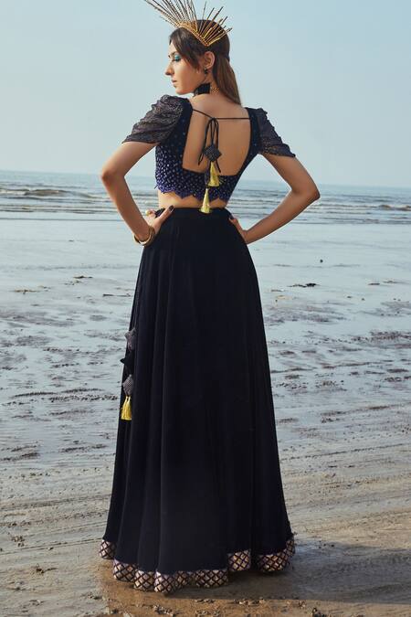 Shop_Monk & Mei By Sonia Anand_Blue Velvet, Organza Sequins Sweetheart Neck Embroidered Lehenga Set _at_Aza_Fashions