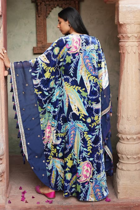 Shop Ruhr India Blue Organza, Silk Velvet Floral Print, Gota And Bead Work V Neck Kaftan at Aza Fashions Shop_Ruhr India_Blue Organza, Silk Velvet Floral Print, Gota And Bead Work V Neck Kaftan _at_Aza_Fashions