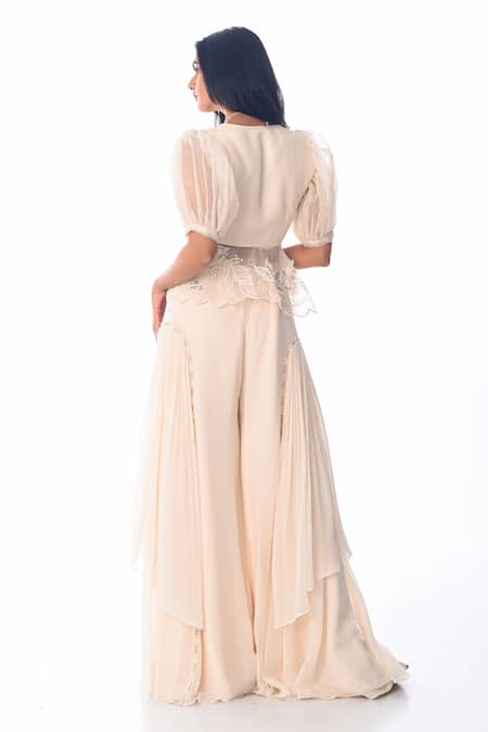 Shop PIRI INDIA Ivory Organza, Georgette Embroidery Square Neck Hand Top And Palazzo Set at Aza Fashions Shop_PIRI INDIA_Ivory Organza, Georgette Embroidery Square Neck Hand Top And Palazzo Set _at_Aza_Fashions