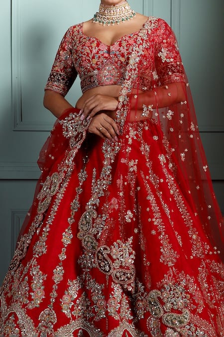 Shop Pallavi Poddar Red Silk, Tulle Embroidery, Applique, Zari Mohini Floral Bridal Lehenga Set at Aza Fashions Shop_Pallavi Poddar_Red Silk, Tulle Embroidery, Applique, Zari Mohini Floral Bridal Lehenga Set _at_Aza_Fashions