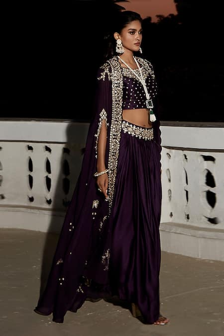 Shop Matsya Purple Organza, Georgette Embroidery, The Royal Matsya Cape And Draped Skirt Set at Aza Fashions Shop_Matsya_Purple Organza, Georgette Embroidery, The Royal Matsya Cape And Draped Skirt Set_at_Aza_Fashions